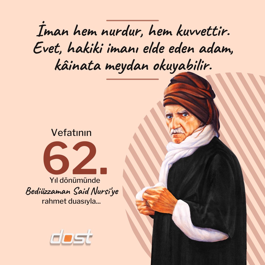 Vefatının 62. yıl dönümünde Bediüzzaman Said Nursi'ye rahmet duasıyla...

#bediuzzaman #saidnursi #risaleinur #bediuzzamansaidnursi