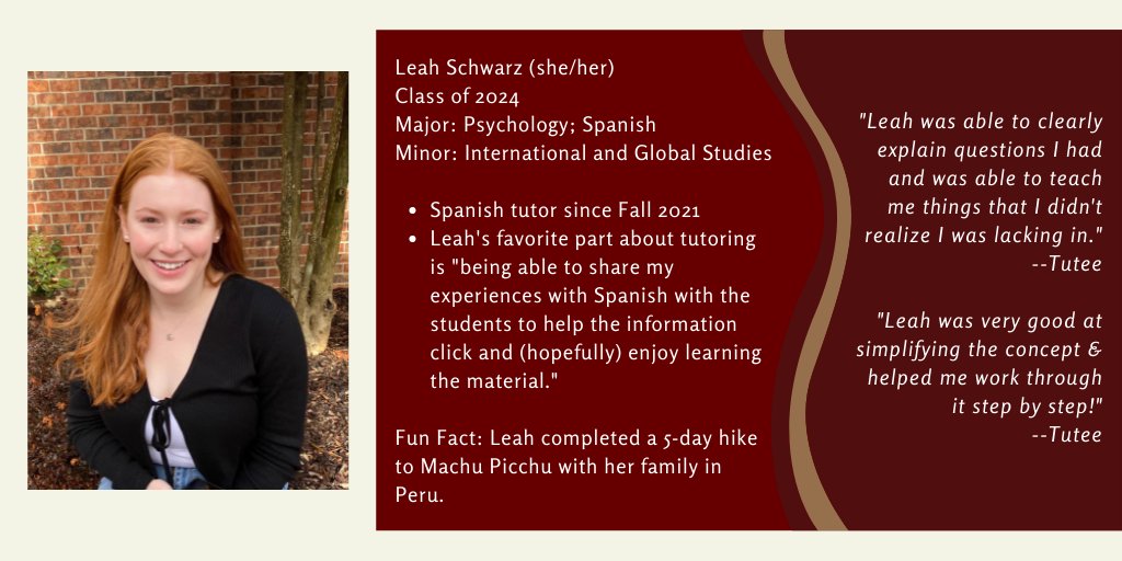#TutorSpotlight Meet Leah Schwarz! She is a sophomore double majoring in Psychology and Spanish with a minor in International and Global Studies. Leah currently tutors Spanish.
Fun Fact: Leah completed a 5-day hike to Machu Picchu with her family in Peru.
