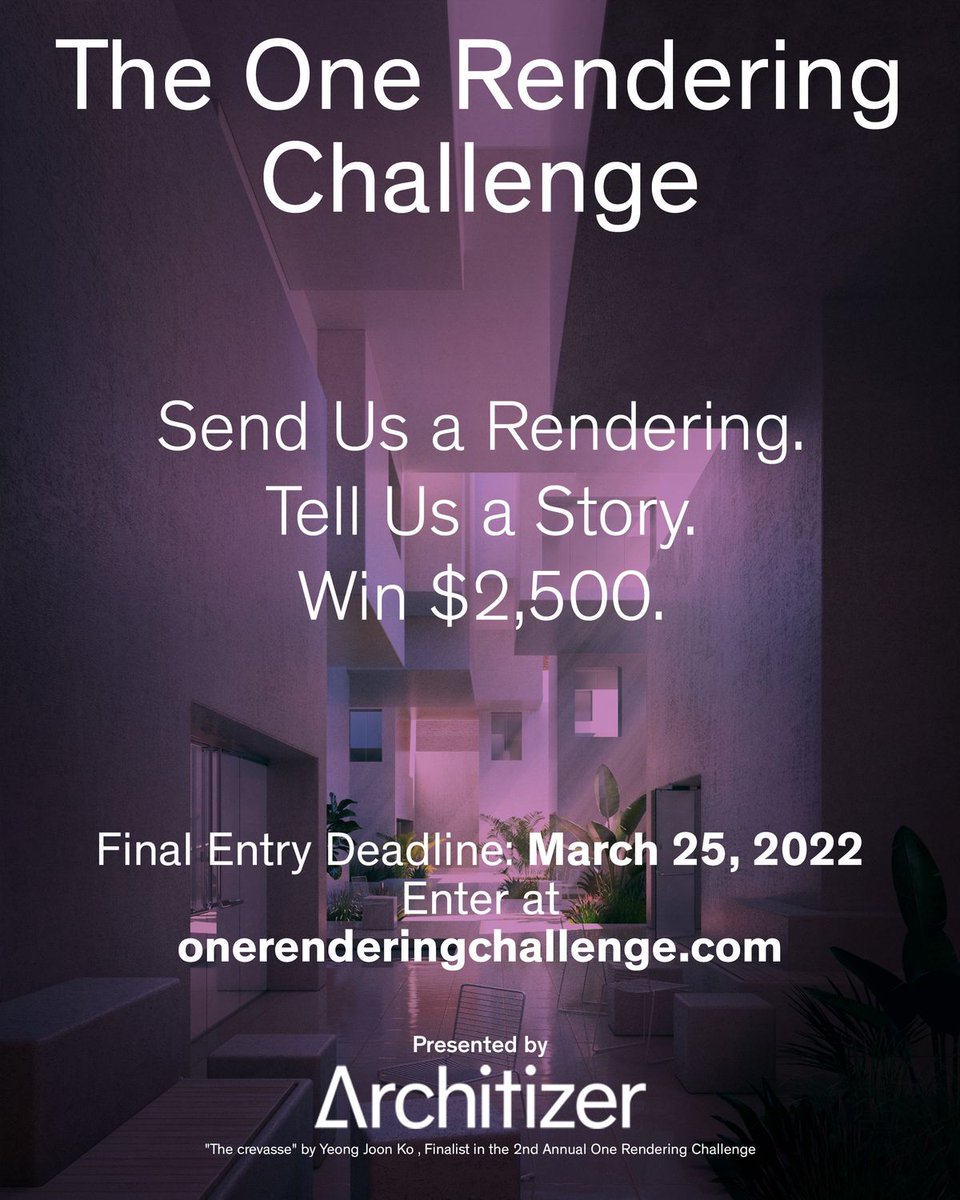 Architizer's tweet photo. 2 DAYS to go for the 2022 #OneRenderingChallenge! Submit your best architectural renderings before Midnight PT on Friday: https://t.co/pHa3MnDMwI https://t.co/qDSMqEI2gl