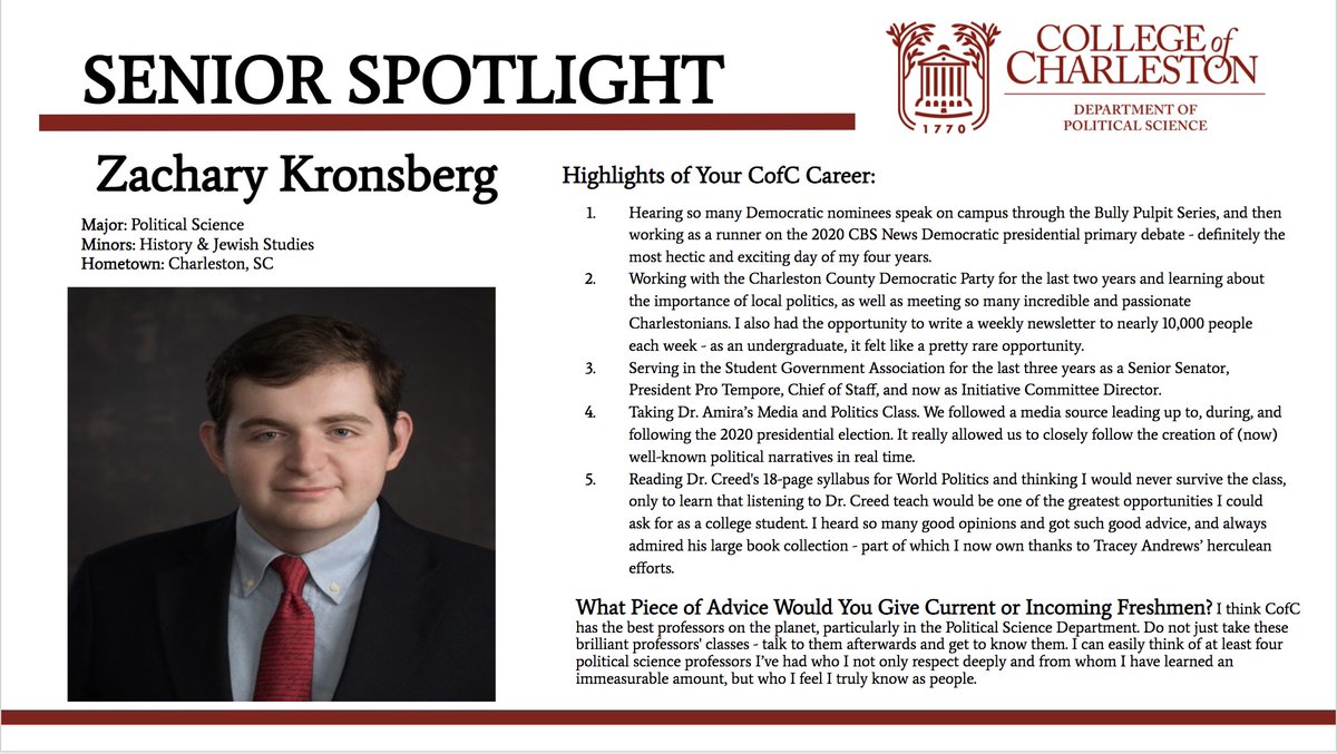 This week's Senior Spotlight is Zachary Kronsberg! Zach is an active member of the CofC and Charleston community, serving on <a href="/CofCSGA/">CofC Student Government Association</a> and working with  <a href="/ChsDems/">Charleston Democrats</a>. Check out his spotlight below!