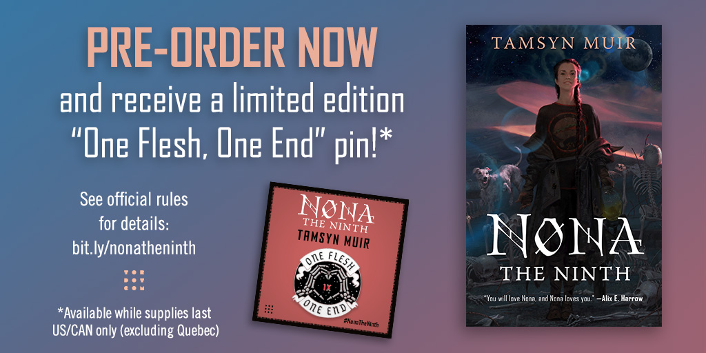 TorDotComPub's tweet photo. ☠️💀"One flesh, one end."💀☠️

Pre-order Nona the Ninth by @tazmuir by 9.12.22 and submit your receipt to receive a limited edition "One Flesh, One End" enamel pin! Open to US &amp; Canada only (excluding Quebec). 

https://t.co/5bZ9598fkB https://t.co/RThL7SQ8RW