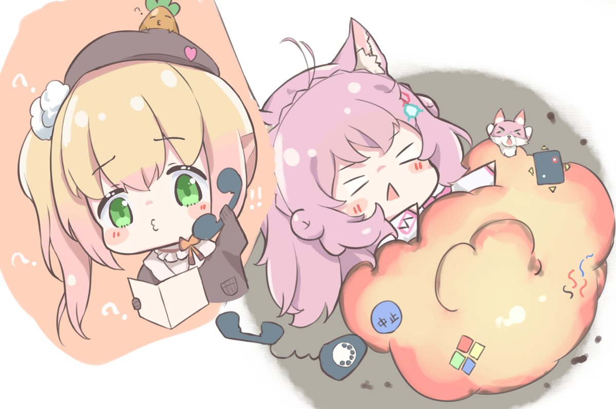 hakui koyori multiple girls 2girls animal ears blonde hair pink hair green eyes chibi  illustration images