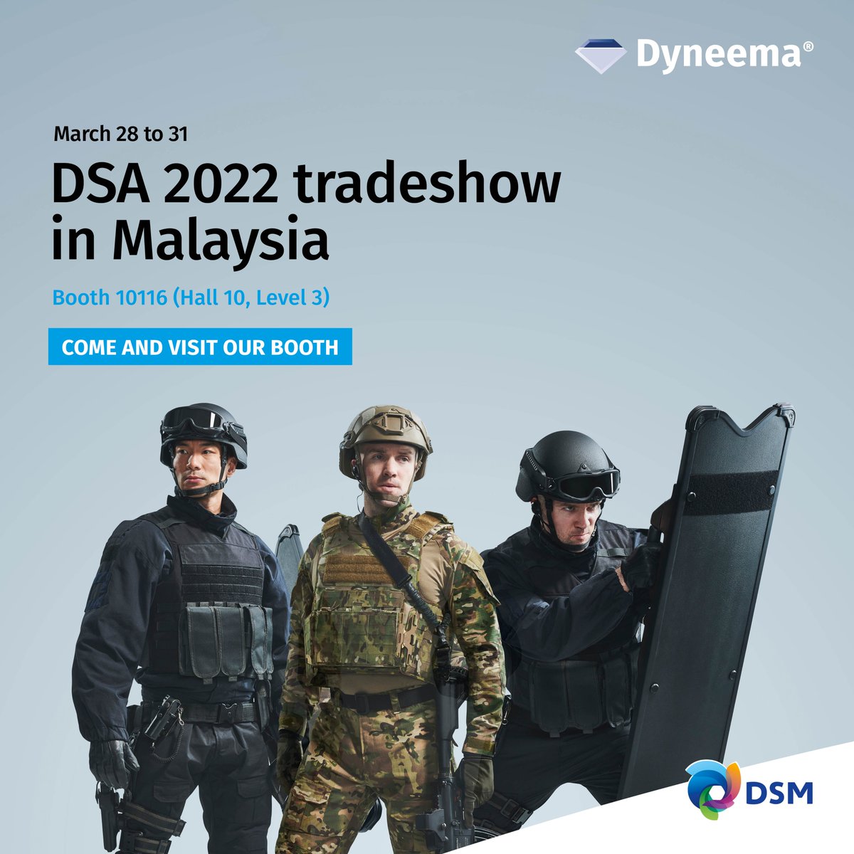 dyneema's tweet image. In personal and vehicle armor applications, Dyneema® combines high strength and low weight to increase ballistic performance without sacrificing user mobility or comfort. Visit us during @DSAMalaysia at booth 10116 to experience firsthand how Dyneema® is with you when it matters.