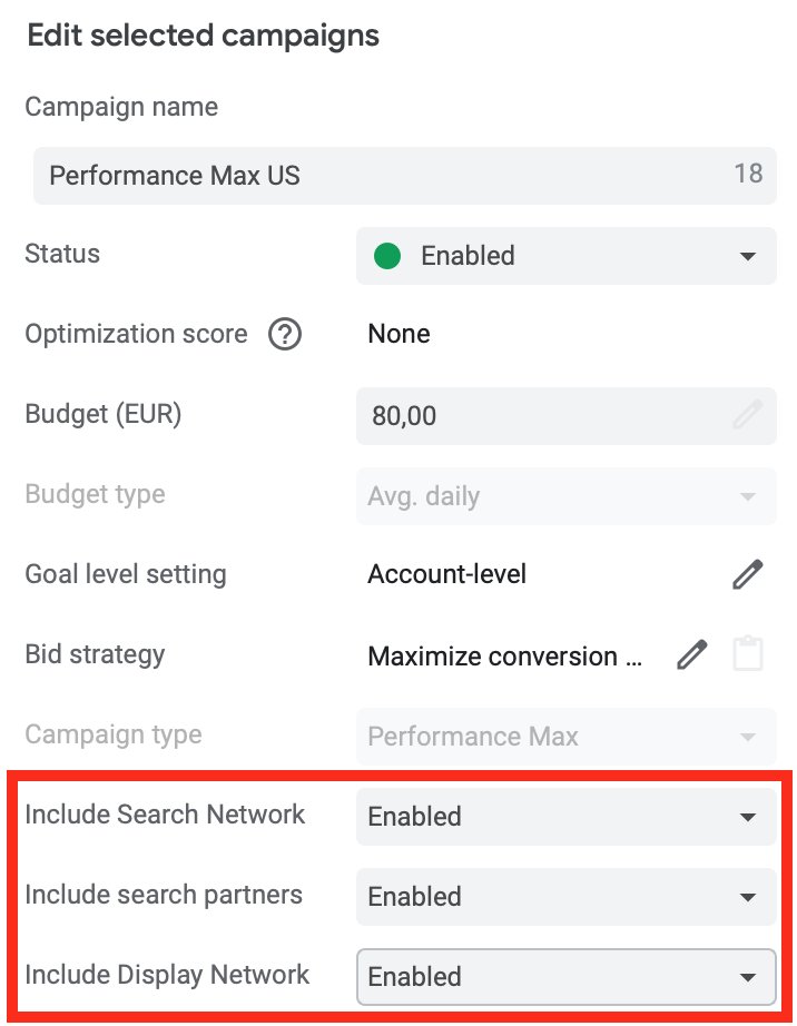 matjazbrumen's tweet photo. Performance max campaign options to exclude Search Network, Search Partners and Display in #googleads editor 2.0.1 #ppcchat https://t.co/AtFi2kJKCY
