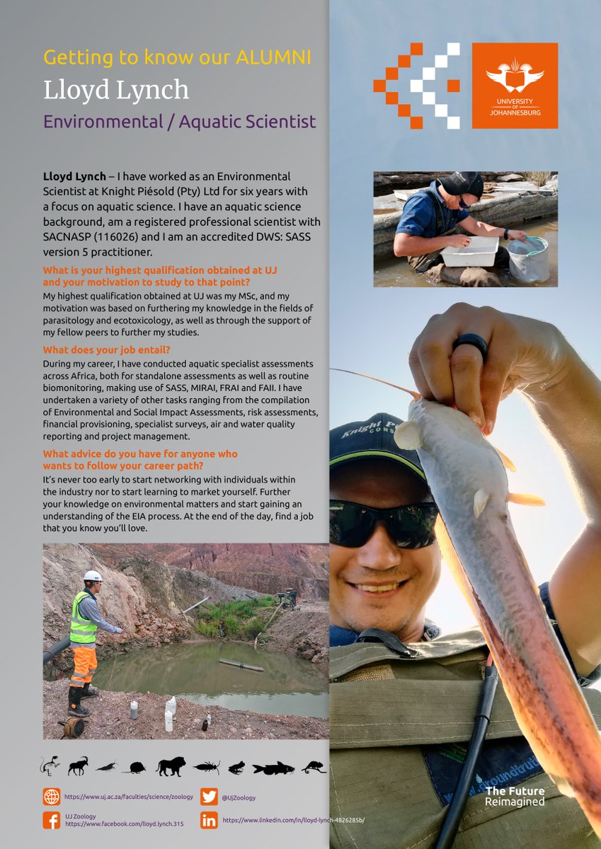 UjZoology's tweet image. Have you ever wondered what you could do with your degree in #zoology? 
Wonder no more... Check out what our alumni, Lloyd Lynch, does for a living.
#environmental #ImpactTest #aquaticscience #SASS5