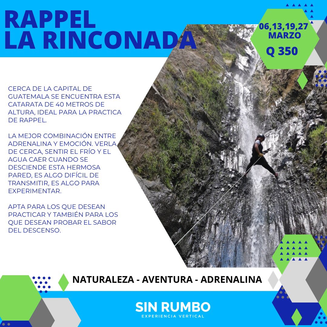SinRumboGT's tweet photo. Este domingo 27, última fecha!!! 
.
.
.
.
.
#sinrumbo #sinrumbogt #rappel #LaRinconada #Guatemala #experienciavertical #traficogt https://t.co/qxQVOWdAde