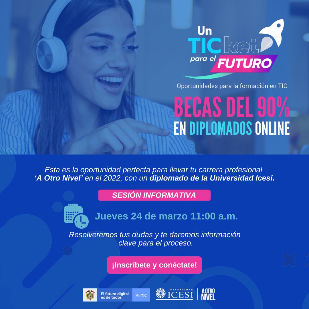 icesi's tweet photo. ✅🎓 Becas del 90% para diplomados online en @Icesi. 
El @Ministerio_TIC financiará el 90% del costo de la matrícula.
Conéctate el próximo 24 de marzo a partir de las 11:00 a.m para que conozcas más de la convocatoria
👉Inscríbete:  https://t.co/pEylQgJNUT https://t.co/so7GfvcUyz