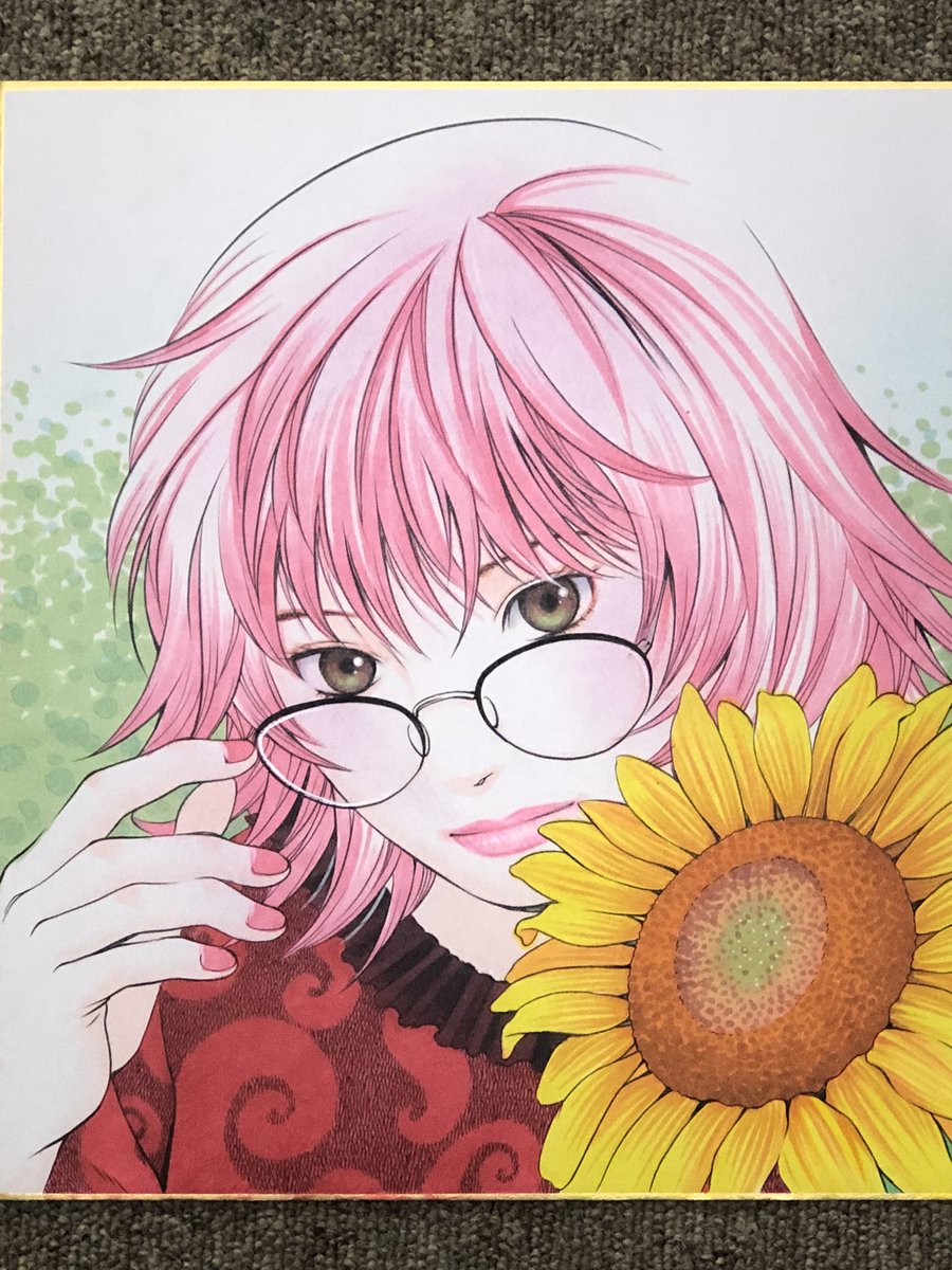 1girl solo sunflower glasses flower pink hair pink nails  illustration images