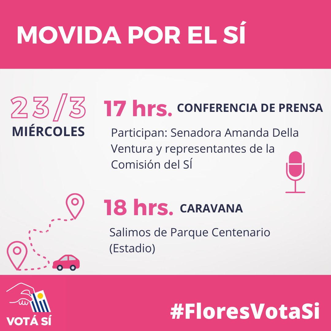 ¡MOVIDA POR EL SÍ!🚲🛵🚗
HOY, gran caravana por Sí.  
📍Salimos desde el parque Centenario (estadio) 18hr
🗣Con la Senadora Amanda Della Ventura¡Con mucha música y alegria!🎤
📌Sumate a la caravana!
El próximo domingo el Uruguay de los derechos estará de fiesta💗 
V O T Á  S Í 🗳