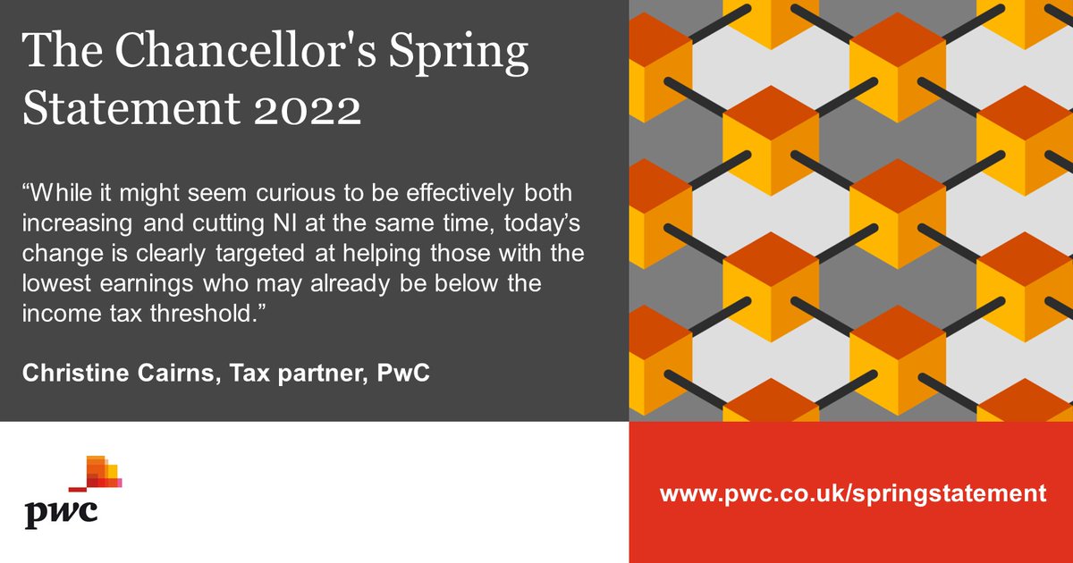 Christine Cairns, Tax partner at PwC, has commented on the increase to the National Insurance Contribution threshold. Read the full press release here: pwc.co.uk/press-room/pre… #SpringStatement2022