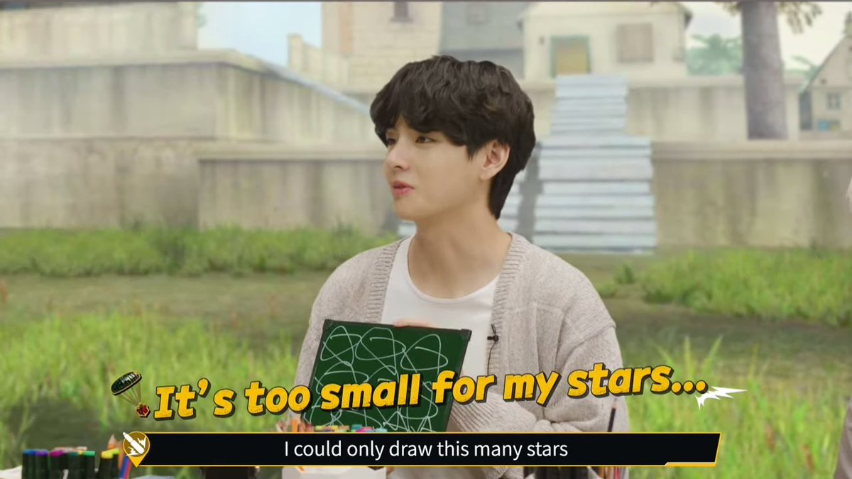 wintertaekook's tweet photo. Tenían que calificarlo del uno al cinco y Taehyung...

🐻: Jungkook, lo siento 
🐻: Solo pude dibujar esta cantidad de estrellas

Como siempre best jungkookista 💜 https://t.co/Db68GosaUR