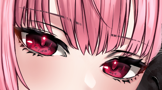 mori calliope 1girl solo pink hair bangs looking at viewer red eyes close-up  illustration images