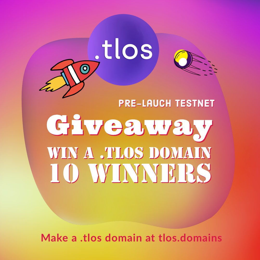 Would you like a .tlos domain? 🤓
Tlos.domains have 10 .tlos domains to #NFTGiveaways
1️⃣ Follow <a href="/TelosDomains/">🟣 Telos Web3 Profile</a> 
2️⃣ Like &amp; RT this Tweet
3️⃣ Tag 3 friends
March 23 - March 30
The winner will be chosen at random and .tlos domain is not owned yet.
 #telos #tlos #telosevm