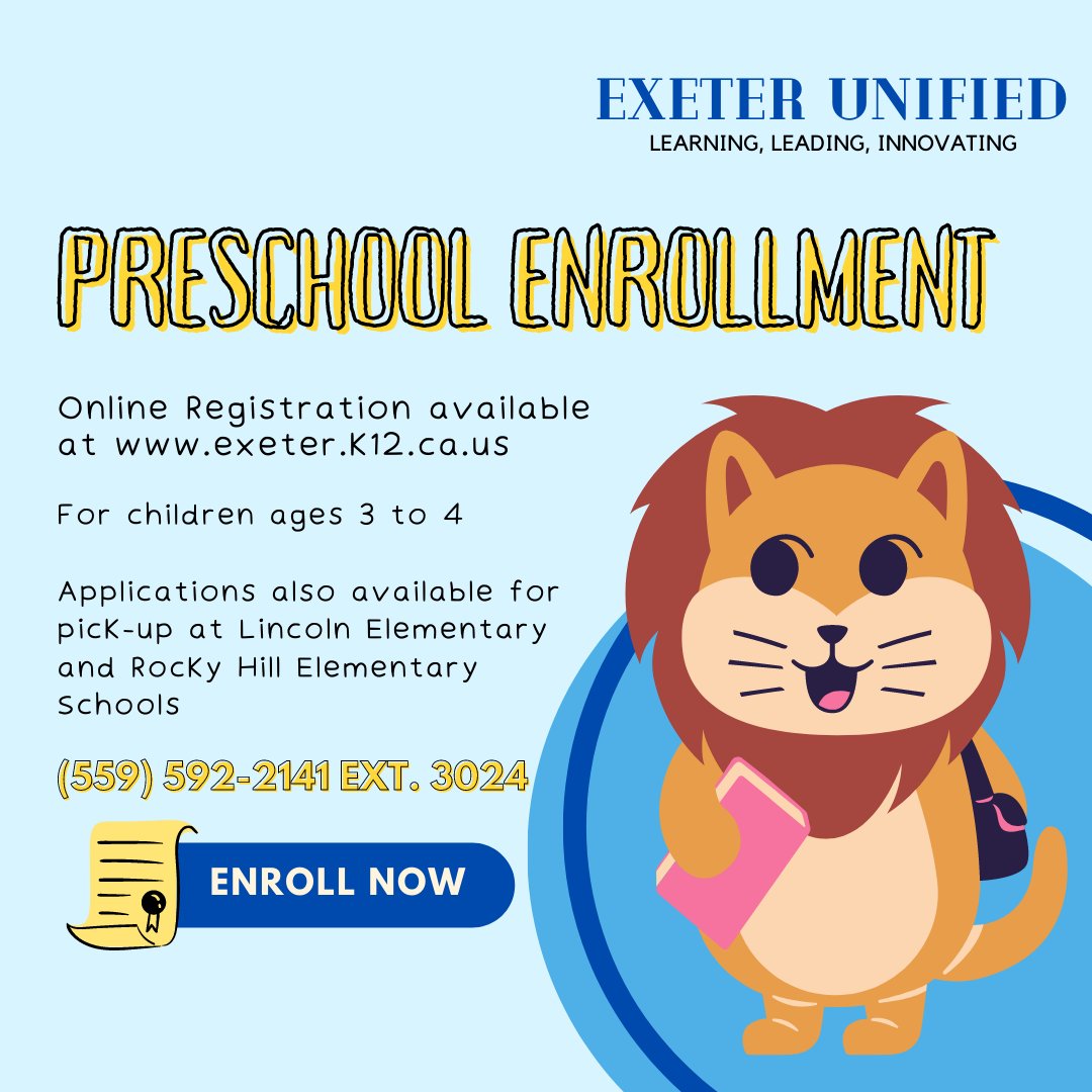 Exeter Unified is now enrolling preschool students for the 2022-23 school year! Online enrollment is available; packets can also be picked up at Lincoln or Rocky Hill elementary schools.