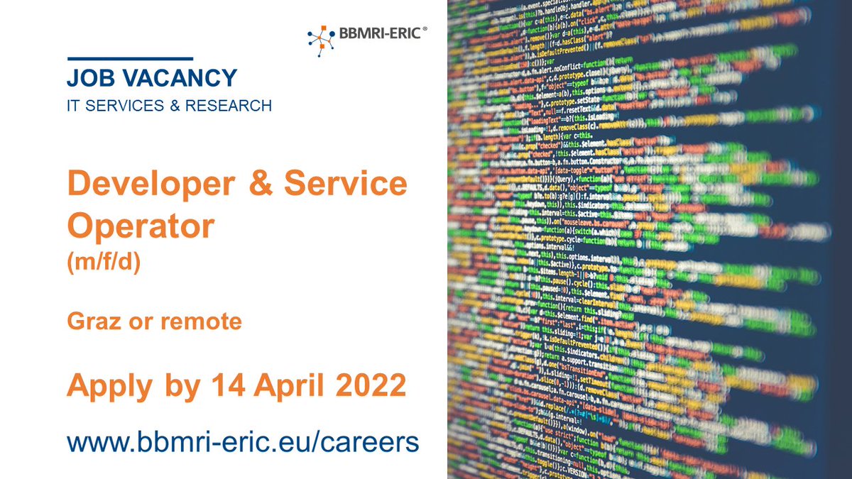 JOB VACANCY!

We're hiring a Developer &amp; Service Operator for our headquarters in #Graz, Austria. Remote work is possible! You'll be working on the BBMRI-ERIC Negotiator tool among other initiatives. 

Apply by 14 April: bbmri-eric.eu/careers/ #ITjobs #DevOps