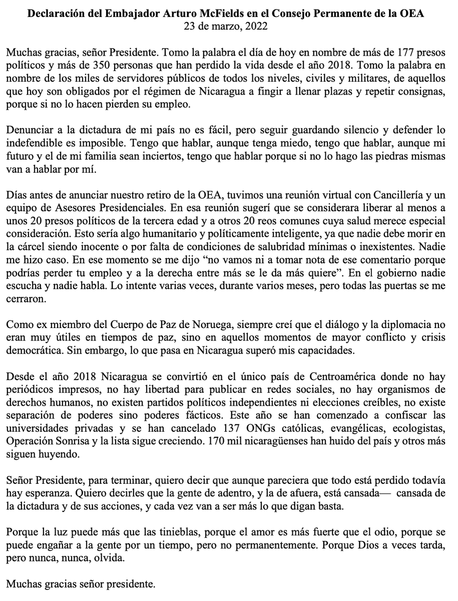 jpolga's tweet photo. El discurso entero -y las denuncias- del Embajador nicaragüense ante la @OEA, Arturo McFields Yescas, hoy, en @CP_OEA: https://t.co/z2UpEbHl6k