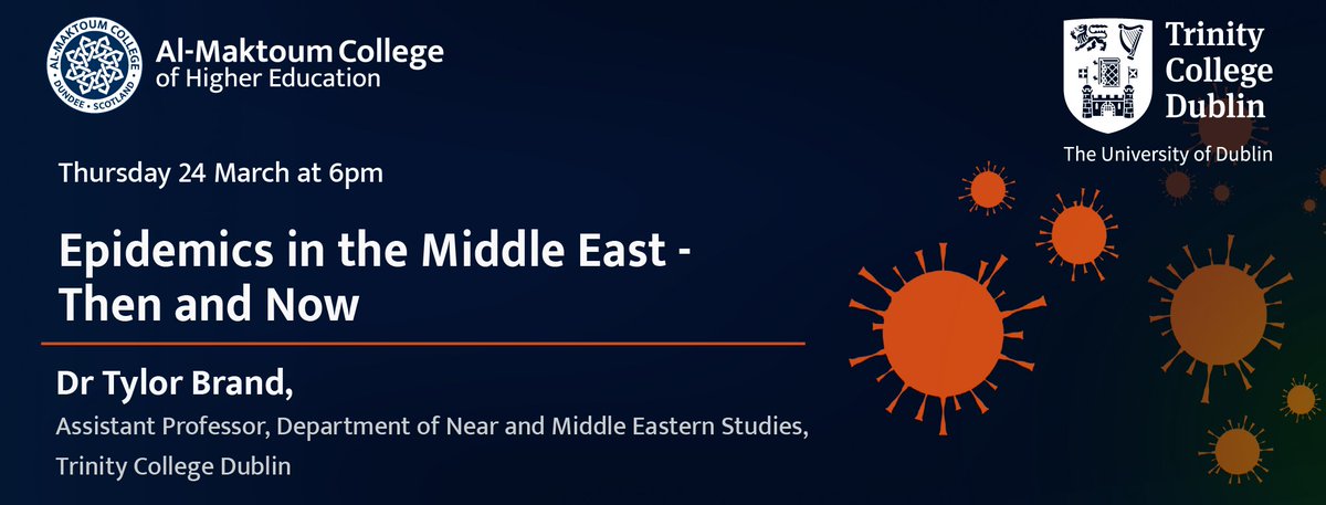 Alm College Dundee (@alm_college) on Twitter photo ๐ฃDon't miss our next Online Webinar!
๐Tomorrow, Thur 24 March @ 6pm.
Epidemics in the Middle East - Then and Now, presented by Dr Tylor Brand, Assistant Professor of modern Middle Eastern history at <a href="/tcddublin/">Trinity College Dublin</a>.
For more info and registration link ๐ bit.ly/3It6OPP ๐ฃDon't miss our next Online Webinar!
๐Tomorrow, Thur 24 March @ 6pm.
Epidemics in the Middle East - Then and Now, presented by Dr Tylor Brand, Assistant Professor of modern Middle Eastern history at <a href="/tcddublin/">Trinity College Dublin</a>.
For more info and registration link ๐ bit.ly/3It6OPP