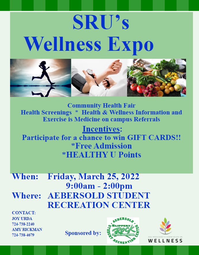 SRUExSci's tweet image. Happy Spring semester to all. We love WELLNESS! And we love an EXPO! Put them together and you get the 2022 WELLNESS EXPO here at SRU! See you on Friday, March 25th 9a-2p.  #exercisescience #exercisesciencemajor #wellness #wellnesswednesday #slipperyrockuniversity #sru #gorock