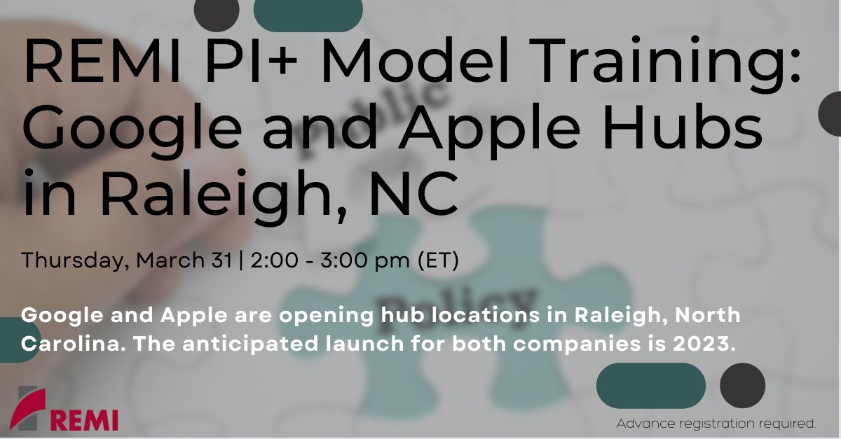 Google and Apple announced opening hubs in Raleigh, NC. The anticipated launch for both hubs is 2023. On Mar 31,  2 - 3:00 (ET), we are hosting a webinar, “REMI PI+ Model Training: Google and Apple Hubs in Raleigh, NC,” using our PI+ model.
 
Register: remi.com/event/remi-pi-…