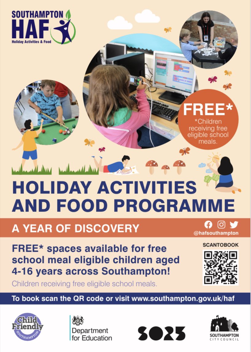 Finally, the moment you’ve all been waiting for… our Spring #SOHAF programme bookings are now open. 

We have a huge range of physical, creative and wellbeing sessions available. 

To book a place, please head to southampton.gov.uk/schools-learni… 

#HAF2022 #ChildFriendlySouthampton