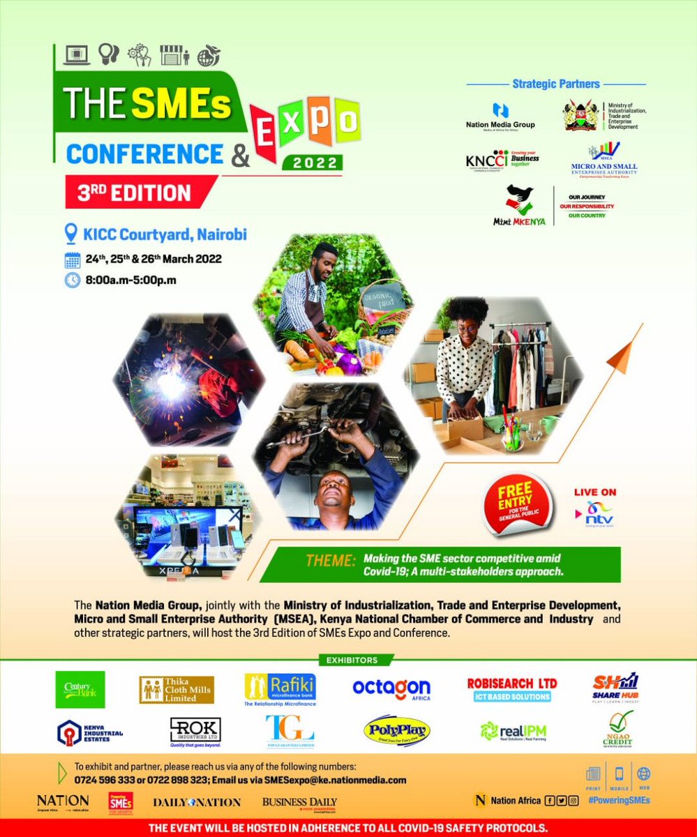 IamPK254's tweet photo. SMEs Conference is a must attend event for all business owner. Come and experience the best small enterprises we've in Kenya from 24-26th march
Come Meet @RobisearchLtd Team-We will be Exhibiting our Products Live!!
FREE ENTRY!!1
#BabaTears
#justiceforbabydavid
#AFCON
Malala https://t.co/p8DeB2HlUR