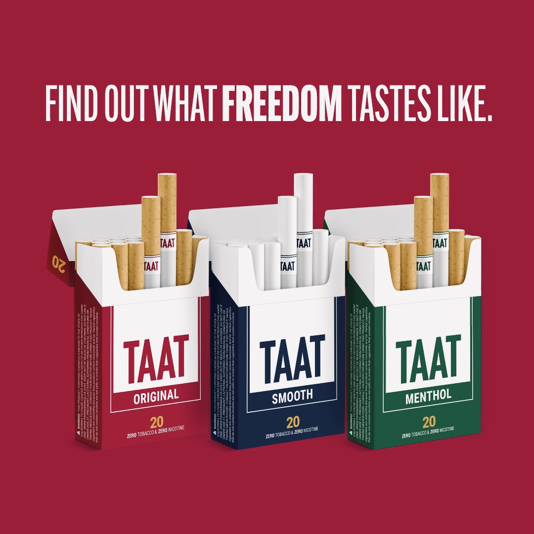 TryTaat's tweet photo. Made from our proprietary Beyond Tobacco™ blend, TAATs are American made and engineered to provide smokers with the same smoking experience they’re used to - tobacco flavor, scent and ritual - with zero nicotine and zero tobacco. https://t.co/UZztM2C2M7