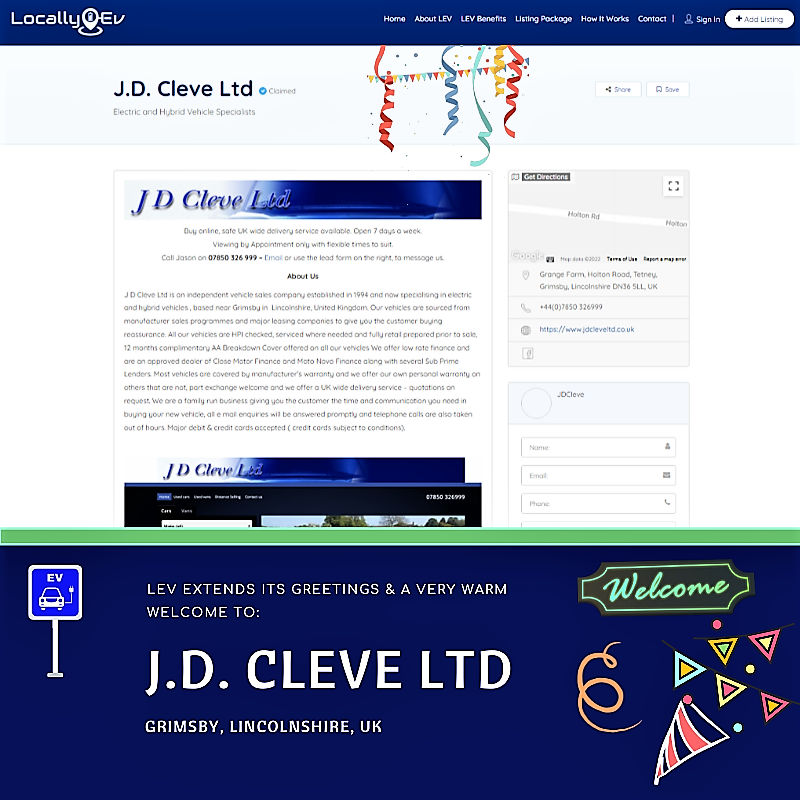 LocallyEv's tweet photo. Here's our shout-out, warm welcome, and greetings to J.D. Cleve Ltd of Grimsby, UK! 🚙⭐ Another of our latest ENHANCED LISTINGS!🥉 👏

See https://t.co/096lirclmn for more details.

#EV #EVs #emobility #electricvehicles #grimsby #lincolnshire #Batteryelectricvehicle #phev https://t.co/T4scp1PMGI