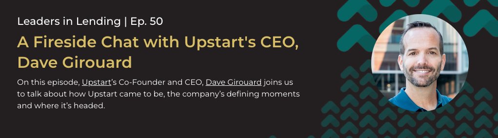 Upstart (@upstart) on Twitter photo This week, CEO & Co-Founder <a href="/davegirouard/">Dave Girouard</a> joined host <a href="/jkeltner/">Jeff Keltner</a> for a fireside chat on <a href="/Upstart/">Upstart</a>'s podcast, Leaders in Lending, to discuss the evolution of AI and machine learning in banking. #leadersinlending #ailending
Listen here. ➡️ bit.ly/36DM0b4 This week, CEO & Co-Founder <a href="/davegirouard/">Dave Girouard</a> joined host <a href="/jkeltner/">Jeff Keltner</a> for a fireside chat on <a href="/Upstart/">Upstart</a>'s podcast, Leaders in Lending, to discuss the evolution of AI and machine learning in banking. #leadersinlending #ailending
Listen here. ➡️ bit.ly/36DM0b4