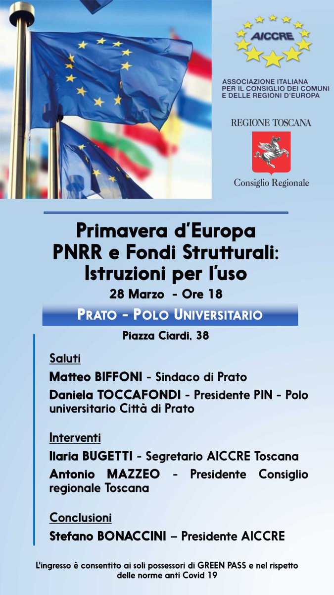 IlaBugetti (@ilabugetti) on Twitter photo PRIMAVERA D'EUROPA
PNRR e Fondi strutturali
A #Prato il 28 marzo alle ore 18 presso il <a href="/pinpoloprato/">Fondazione PIN</a> un approfondimento sulle opportunità e le sfide che ci aspettano. Protagonisti i territori. Saranno presenti: <a href="/sbonaccini/">Stefano Bonaccini</a>, <a href="/EugenioGiani/">Eugenio Giani</a> ,<a href="/mazzeo77/">Antonio Mazzeo</a> e <a href="/MattBiff/">Matteo Biffoni</a> <a href="/AICCRE_naz/">@AICCREnazionale</a> PRIMAVERA D'EUROPA
PNRR e Fondi strutturali
A #Prato il 28 marzo alle ore 18 presso il <a href="/pinpoloprato/">Fondazione PIN</a> un approfondimento sulle opportunità e le sfide che ci aspettano. Protagonisti i territori. Saranno presenti: <a href="/sbonaccini/">Stefano Bonaccini</a>, <a href="/EugenioGiani/">Eugenio Giani</a> ,<a href="/mazzeo77/">Antonio Mazzeo</a> e <a href="/MattBiff/">Matteo Biffoni</a> <a href="/AICCRE_naz/">@AICCREnazionale</a>