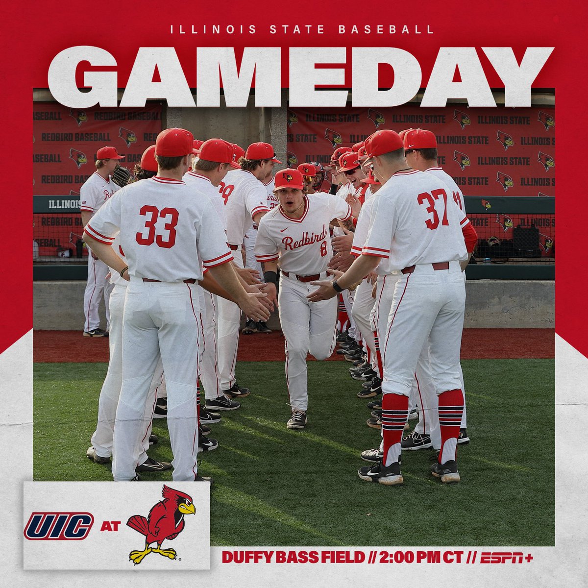 Back at the Duff! 🏡UIC - Duffy Bass Field ⏰2:00 p.m. CT 📺es.pn/36FziJc (ESPN+) 📻wznd.com 📊bit.ly/RedbirdStats #REDBIRDbaseball // #BackTheBirds