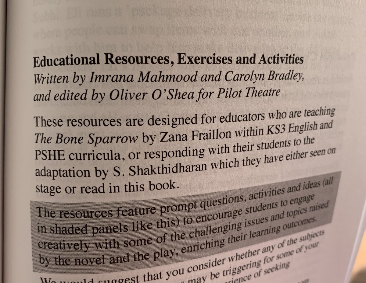 So excited and proud that my drama education resources have been published in the play text of #TheBoneSparrow, alongside @Imrana_Mahmood’s fantastic resources! Thanks so much @pilot_theatre @oliver_oshea and @NickHernBooks for making this happen!