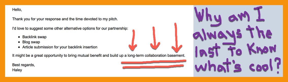 LeslieO's tweet photo. Aw, shoot! I guess I'm just too uncool to even know what a "long-term collaboration basement" is. (I have no idea.)
Do you have this type of collaboration basement? Should I get started on digging one out right away? 😂
#SpamFail #EmailMarketing https://t.co/BuWaEjQrM0