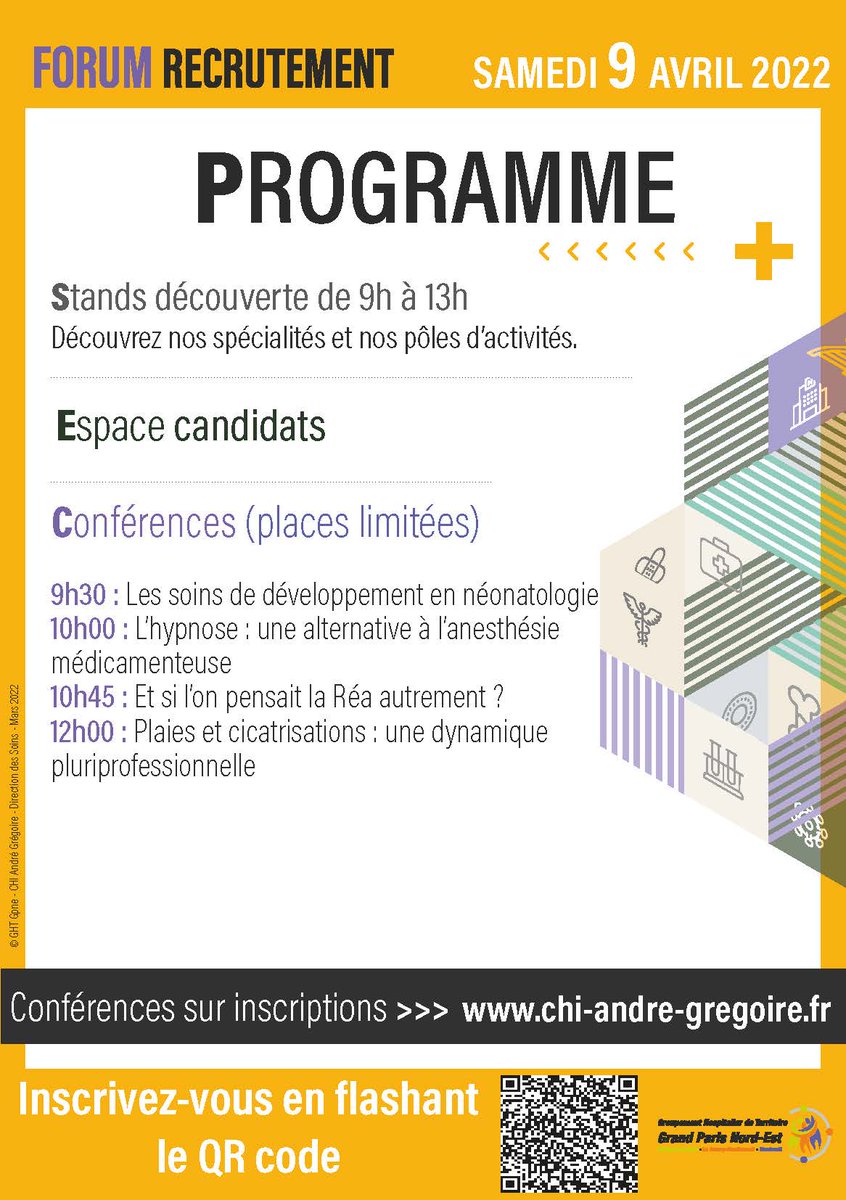 [PROGRAMME  - 9/04/2022 📅]
 
> 9h30 : Les soins de développement en néonatologie
> 10h00 : L'hypnose : une alternative à l'anesthésie médicamenteuse 
> 10h45 : Et si l'on pensait la Réa autrement ?
> 12h00 : Plaies et cicatrisations : une dynamique pluriprofessionnelle *