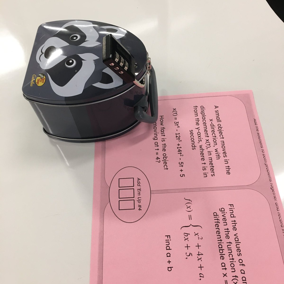 Practiced derivative rules with an “Add ‘Em Up” activity this morning with students in Ms. Crewe’s #calculus class at <a href="/islandviewhigh/">Island View High</a>. Always fun when the final answer unlocks a mystery box. #selfcheckmath #HRCEmath