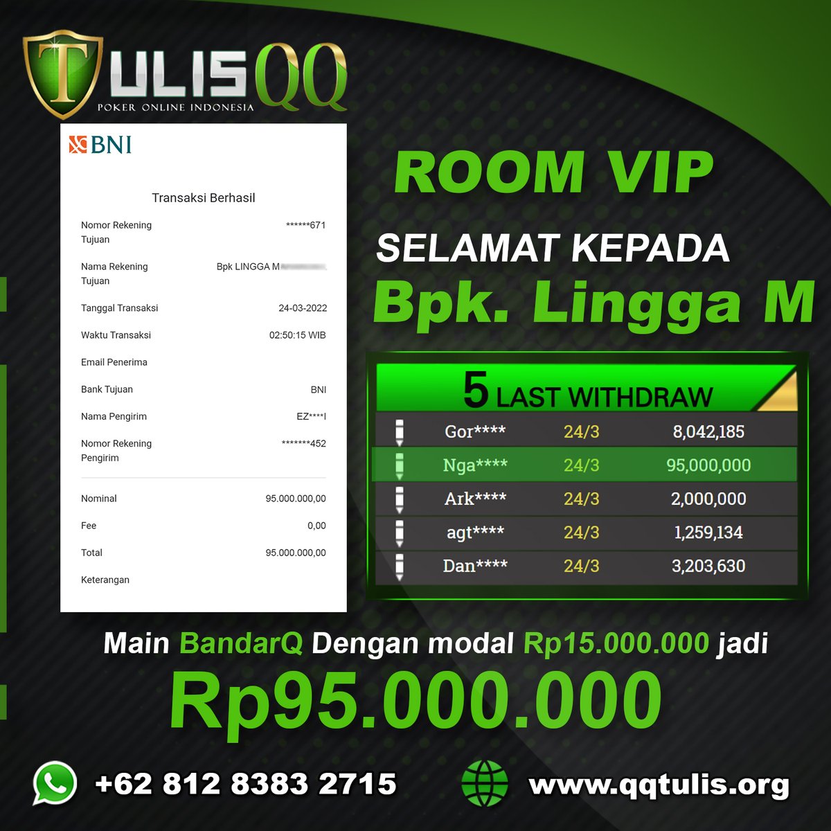 QqTulis's tweet photo. Selamat kepada Bpk Lingga M
Atas kemenangan bermain disitus https://t.co/vaUH1zaPYN menggunkan meja rekomendasi terupdate
Hingga mencapai total kemenanganya sebesar
Rp 95.000.000,00 (di permainan BandarQ ) ROOM VIP 🥳🥳

Yuk dicoba peruntunganya malam ini. Dan jadi Pemenangan. https://t.co/LrBlUAVJez