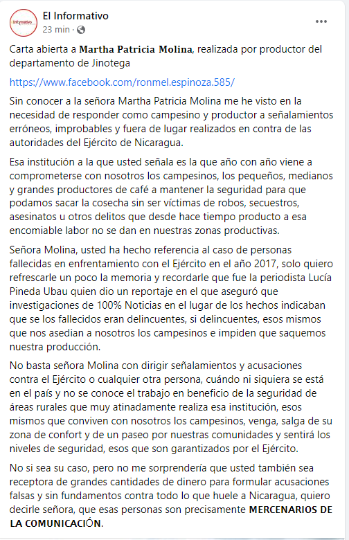 Carta abierta a Martha Patricia Molina <a href="/mpatricia_m/">Martha Patricia M</a>.

<a href="/AnaPaolaDavila2/">𝓐𝓷𝓪 𝓟𝓪𝓸𝓵𝓪 𝓓á𝓿𝓲𝓵𝓪</a> <a href="/Yarahe91/">ʏǟʀǟ ɦɛʀʀɛʀǟ 🦋</a> <a href="/NicaraguaJC2/">Jairo Coca✌🏻 🇳🇮 EN DEFENSA DE LA REVOLUCIÓN ❤🖤</a>  <a href="/Valiu18julio/">valiu ❤🖤</a> <a href="/MamiSandinista/">La Mami Sandinista</a>  <a href="/CBCPatria21/">Caminantes por el Bien Común</a> <a href="/MolotovDigital2/">𝕄𝕆𝕃𝕆𝕋𝕆𝕍 𝔻𝕀𝔾𝕀𝕋𝔸𝕃 🇳🇮🌎</a> <a href="/Yeya1760/">Yeya 🔴⚫</a> <a href="/Judith81911279/">Judith</a>  <a href="/TaniaPlomoFSLN/">Tania Martínez</a> <a href="/camiadriana/">Camila Meléndez✨</a> <a href="/AngelG_A/">Angel Galindo</a> <a href="/militante_sand/">🌷🌻🌼Heidi Castillo🌻🌷🌼🥰</a>

 #PlomoRevolucionario
