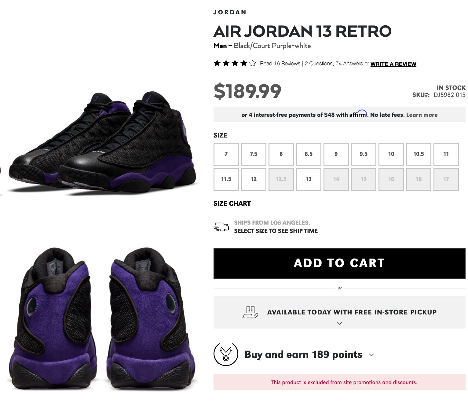 Nike Air Jordan 13 Retro Court Purple Black White DJ5982-015 Mens Size 9.5