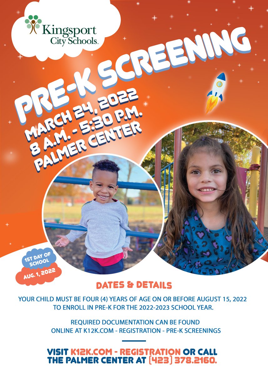 kcs__district's tweet photo. ✨TODAY - March 24, 2022✨ @kcs_district will hold Pre-K Screening for the 2022-23 school year between 8 AM - 5:30 PM @ @KCS_Palmer, 1609 Ft. Henry Drive, Kingsport. Required documentation can be found @ https://t.co/aOweiaBskx. Call (423) 378.2160 w/ questions. https://t.co/mig4pahm6a