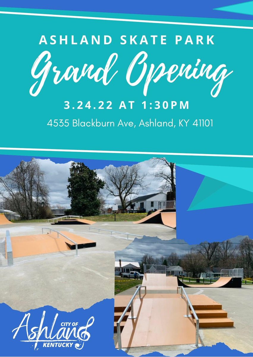 Ashland_KY's tweet photo. Join us tomorrow at 1:30pm at the AK Steel Sports Park as we officially open the new and improved Ashland Skate Park!! 4535 Blackburn Ave, Ashland, KY 41101
#ashlandky #createwithusaky #skatewithusaky #VisitAKY https://t.co/7n7ZkAZKb6