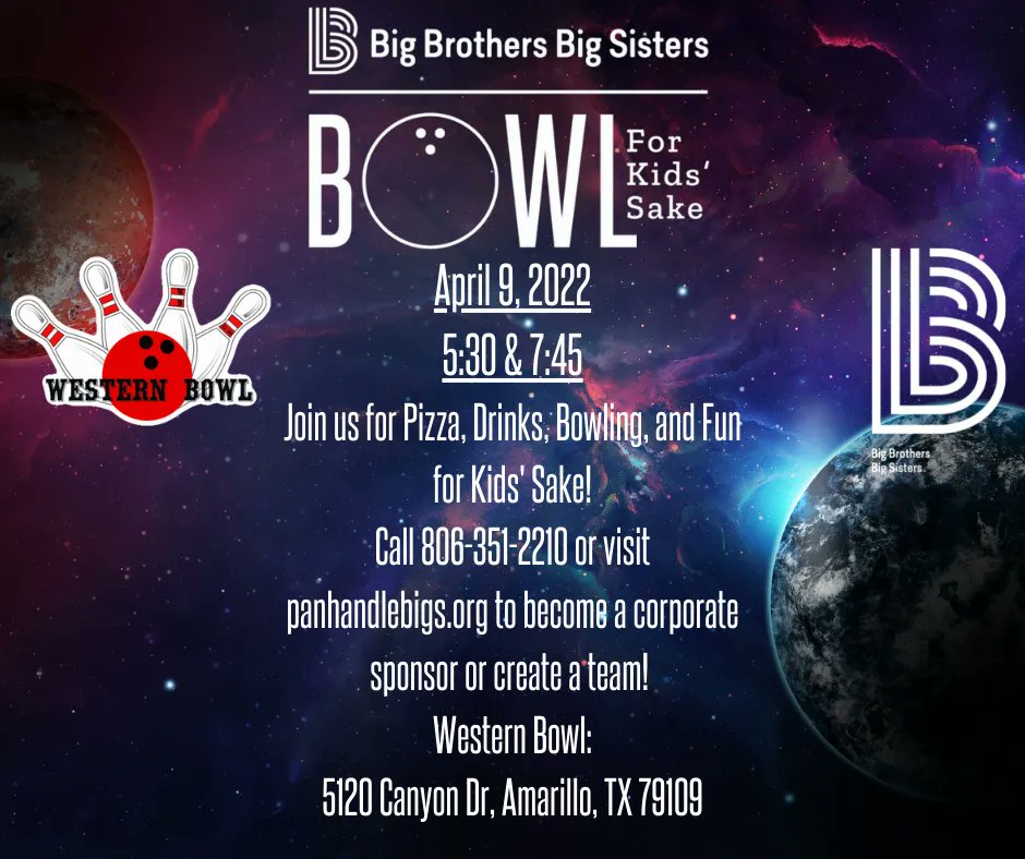Do you like having a good time while supporting a good cause?? Well what are you waiting for dude!? Make your Bowl For Kids' Sake team now at: panhandlebigs.org/web/index.php?… Teams of four: $120, teams of five: $150, and teams of 6: $180. Pizza, drinks, and fun included with price! :)