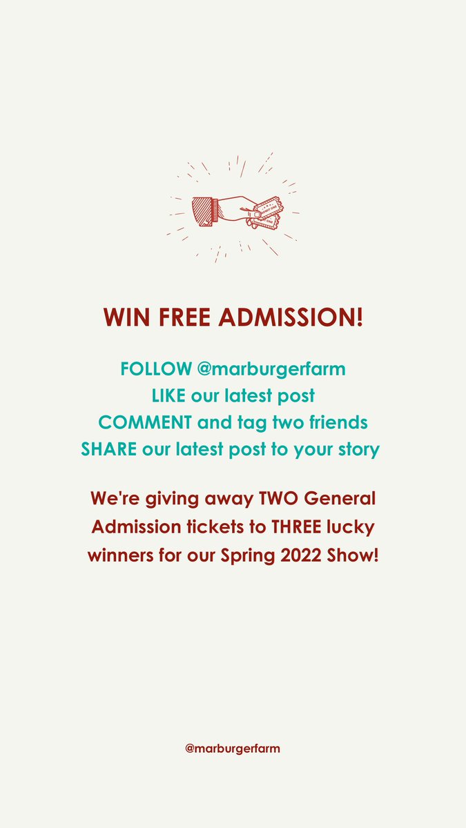 SPRING 2022 SHOW GIVEAWAY 🤠

Have you entered the contest? Tag a shopping partner in the comments of our latest post and win two tickets. Entries close at midnight on March 24th and 3 winners will be announced on the 25th. Click the link to try your luck! bit.ly/MarburgerGivea…