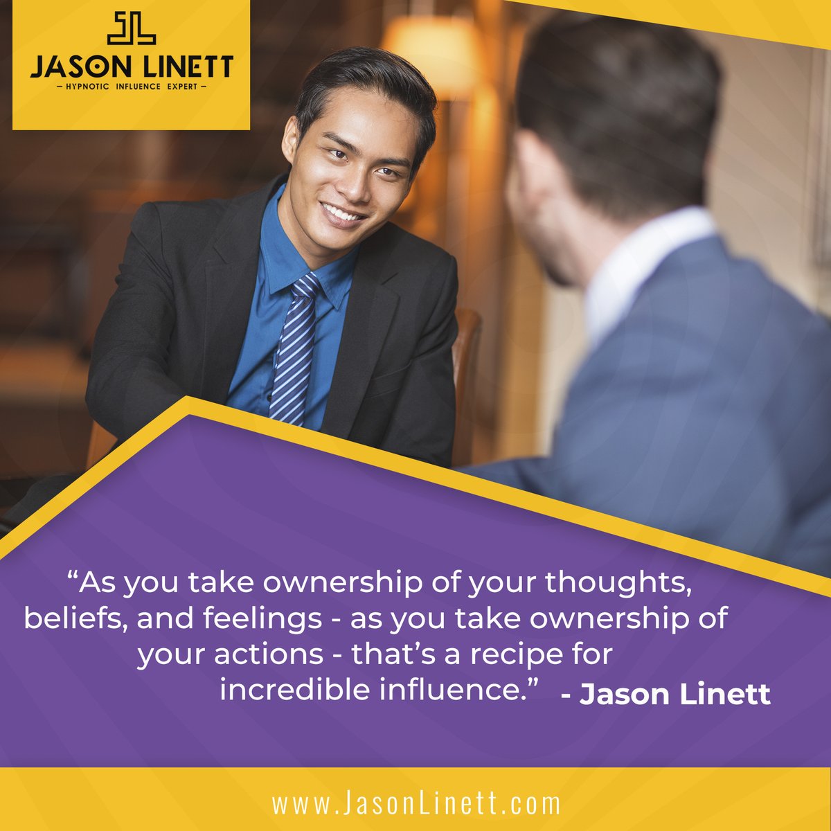 JasonLinett's tweet photo. “As you take ownership of your thoughts, beliefs, and feelings - as you take ownership of your actions - that’s a recipe for incredible influence.”- Jason Linett
#jasonlinett #hypnoticinfluence #hypnoticlanguage #businessinfluencesystemsprogram #hypnoticinfluenceexpert https://t.co/WJjjkNnz5u