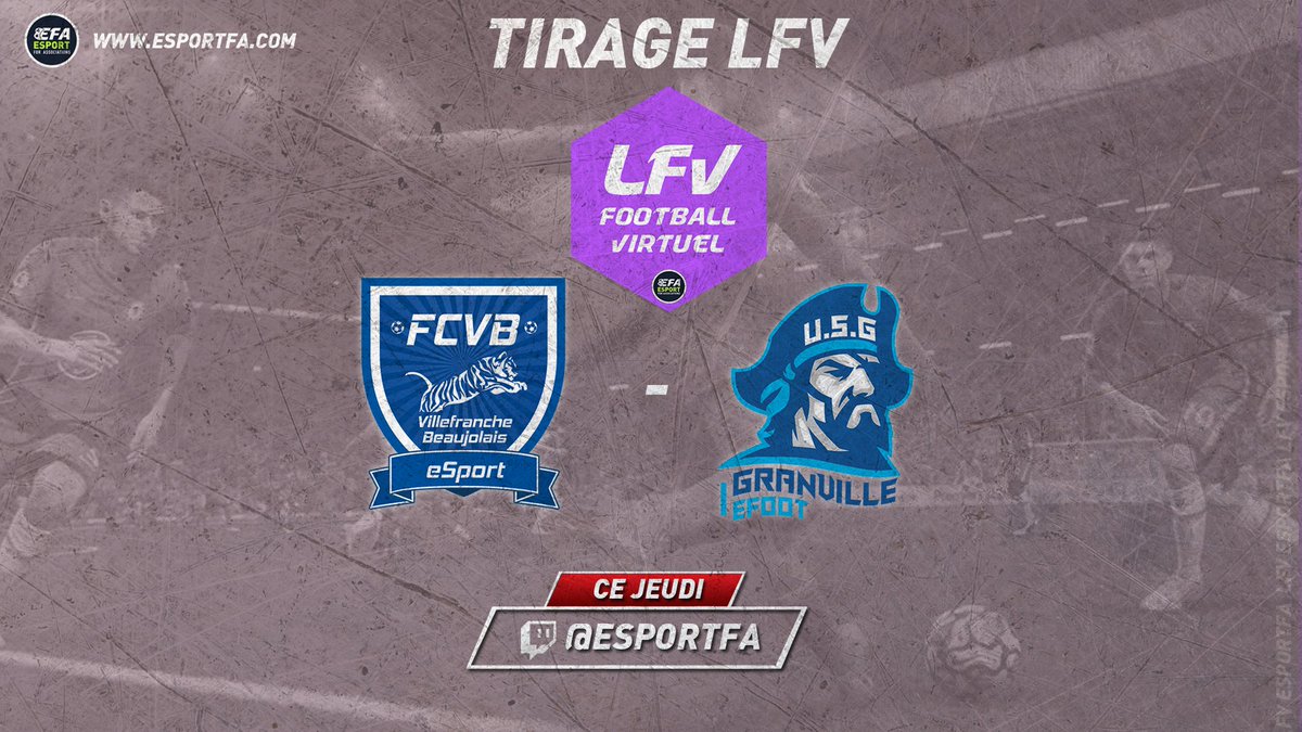 ESPORT FOR ASSOCIATIONS (@esportfa_fr) on Twitter photo 🏆• #LFV : 1/4 Finale 🔥
🗓️• Jeudi
📺• twitch.tv/esportfa
<a href="/FCVBeSport/">FCVB eSport</a> VS <a href="/USG_eSport/">US Granville eSport</a>
▶️twitch.tv/esportfa ◀️
#ESPORTFA22 #eSports #FIFA22 🏆• #LFV : 1/4 Finale 🔥
🗓️• Jeudi
📺• twitch.tv/esportfa
<a href="/FCVBeSport/">FCVB eSport</a> VS <a href="/USG_eSport/">US Granville eSport</a>
▶️twitch.tv/esportfa ◀️
#ESPORTFA22 #eSports #FIFA22