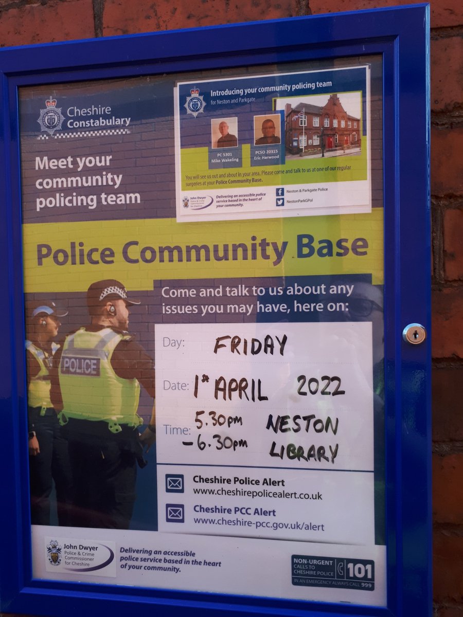 The next joint Police/ Councillor Surgery will be at Neston Library on Friday 1st April 2022 from 5.30pm - 6.30pm. If you can't attend in person but would like a chat you can message us using Neston &amp; Parkgate Police Facebook &amp; Twitter accounts.
#StreetSafe #WeCare