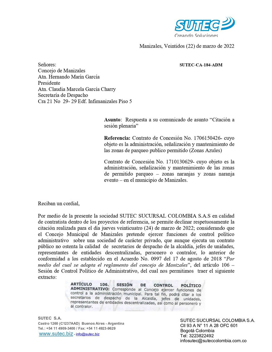 ConcejodeMzles's tweet photo. La empresa SUTEC no asistirá a la discusión sobre zonas azules y naranja a la cual fueron citados mañana, a través de un oficio, manifestaron que el Concejo pretende ejercer funciones de control político administrativo sobre una sociedad de carácter privado.
#LaVozDeLaGente https://t.co/rqahMVyBOP