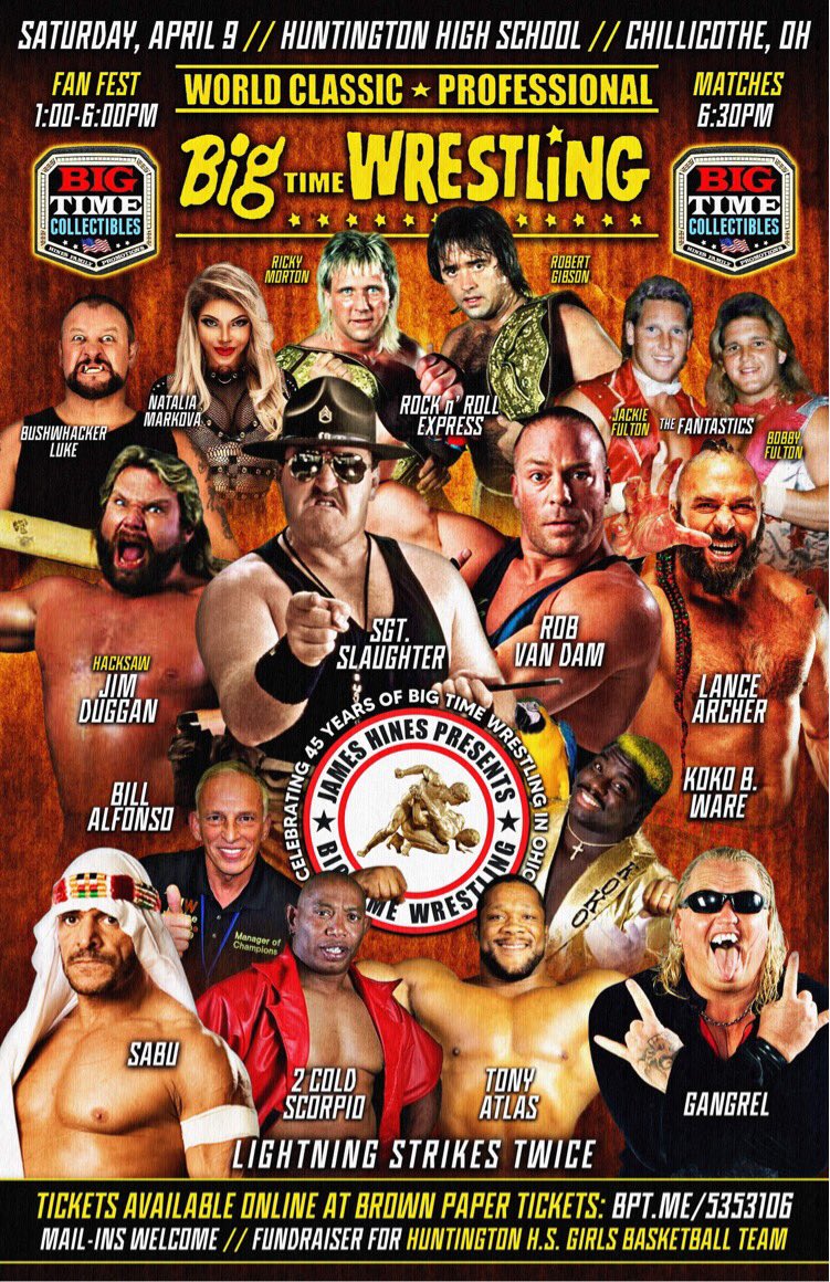 SATURDAY APRIL 9th! 
World Classic Professional Big Time Wrestling presents "Lightning Strikes Twice" on SAT April 9th Chillicothe OH @ Huntington HS!
Fan Fest 1-6pm, Super Show @  6:30pm! 
Special fundraiser for Huntington Huntsman Basketball! 
Tickets: bpt.me/5353106!