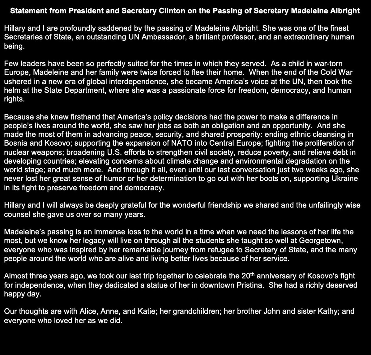 My statement on the passing of Madeleine Albright—one of the finest Secretaries of State, an outstanding UN Ambassador, a brilliant professor, and an extraordinary human being.