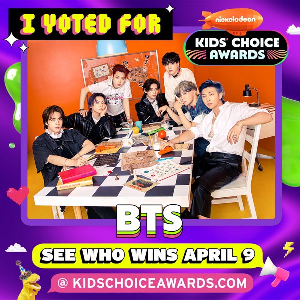 [🗳] 2022 Kids' Choice Music Awards #BTS has been nominated in 2 categories: ✨Favorite Global Music Star ✨Favorite Music Group Vote here (ends Apr. 9)!⬇️ 🔗nick.com/kids-choice-aw… ❗Please note: You will need to vote through every category to get to BTS' categories @BTS_twt