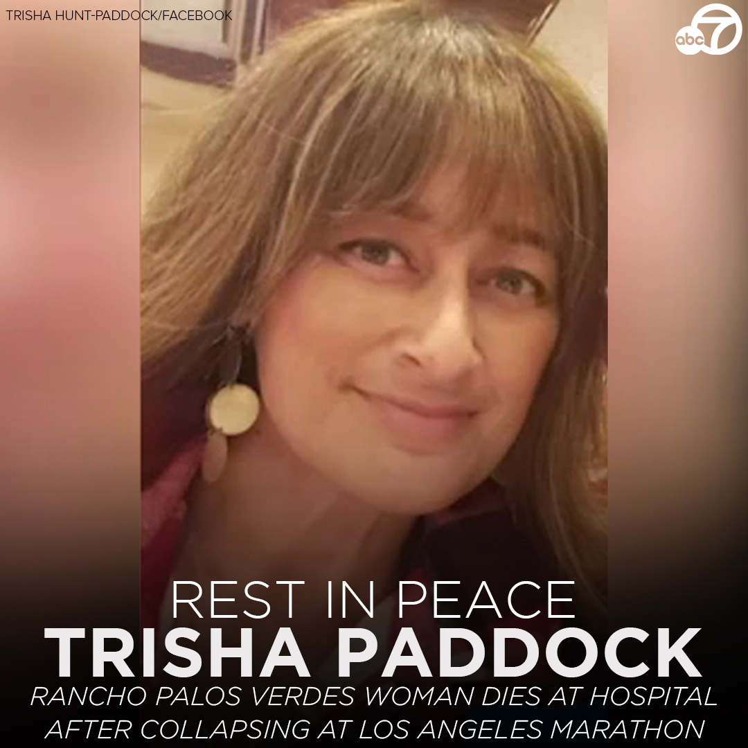 ABC7's tweet photo. REST IN PEACE: Trisha Paddock of Rancho Palos Verdes collapsed at the finish line of the Los Angeles Marathon and died, organizers announced. She was raising funds for the Asian American Drug Abuse Program. https://t.co/Zv2si7810R https://t.co/jbzldpK4GJ