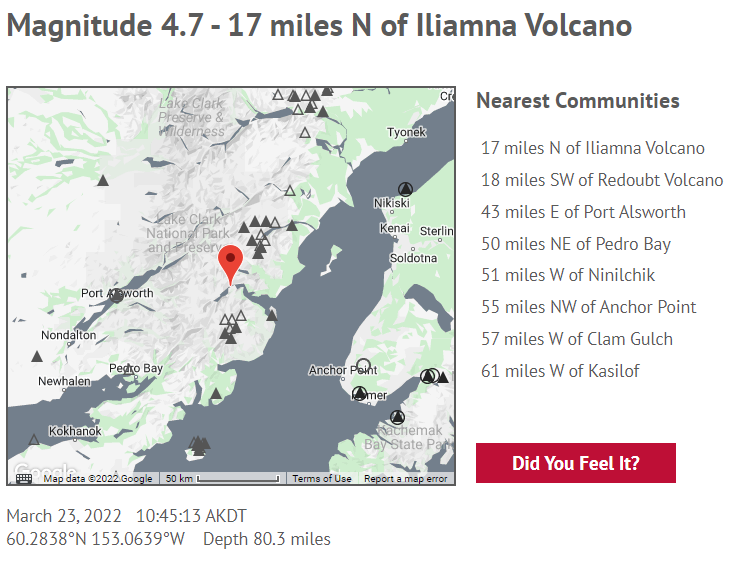 Alaska Earthquake Center Thank You For Your Patience While We Were Working To Provide The Most Accurate Information Possible The Event Was A M4 7 At 10 45am It Was 17 Miles